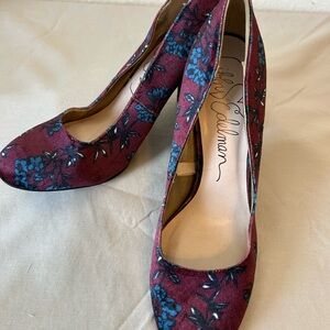 Libby Edelman Burgundy Velveteen‎ Maroon BlueFloral Heels Size 9.5